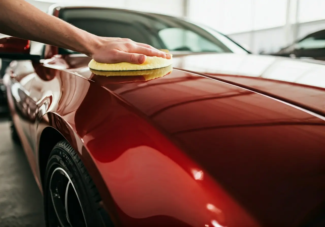 A shiny car being carefully waxed under bright sunlight. 35mm stock photo