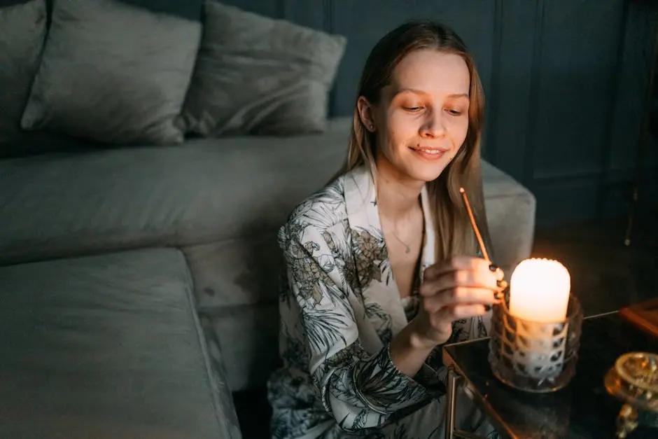 A woman sitting indoors, lighting a candle for a calming meditation session, creating a warm, serene ambiance.