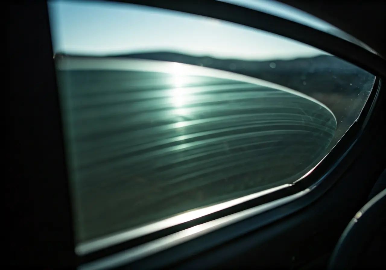 A close-up of a tinted car window reflecting sunlight. 35mm stock photo