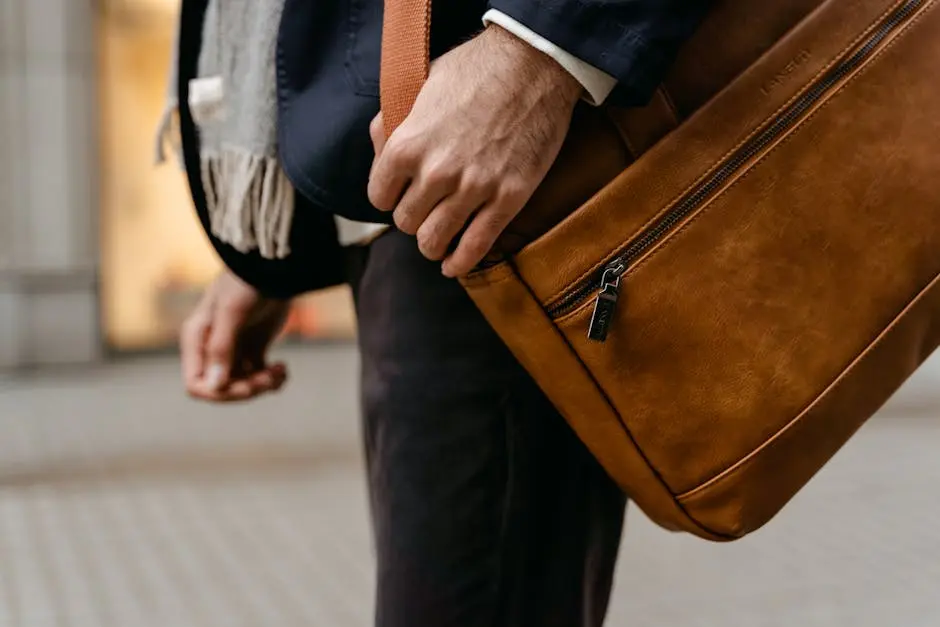 A fashionable man carrying a brown leather bag hints at modern business travel. Career Change