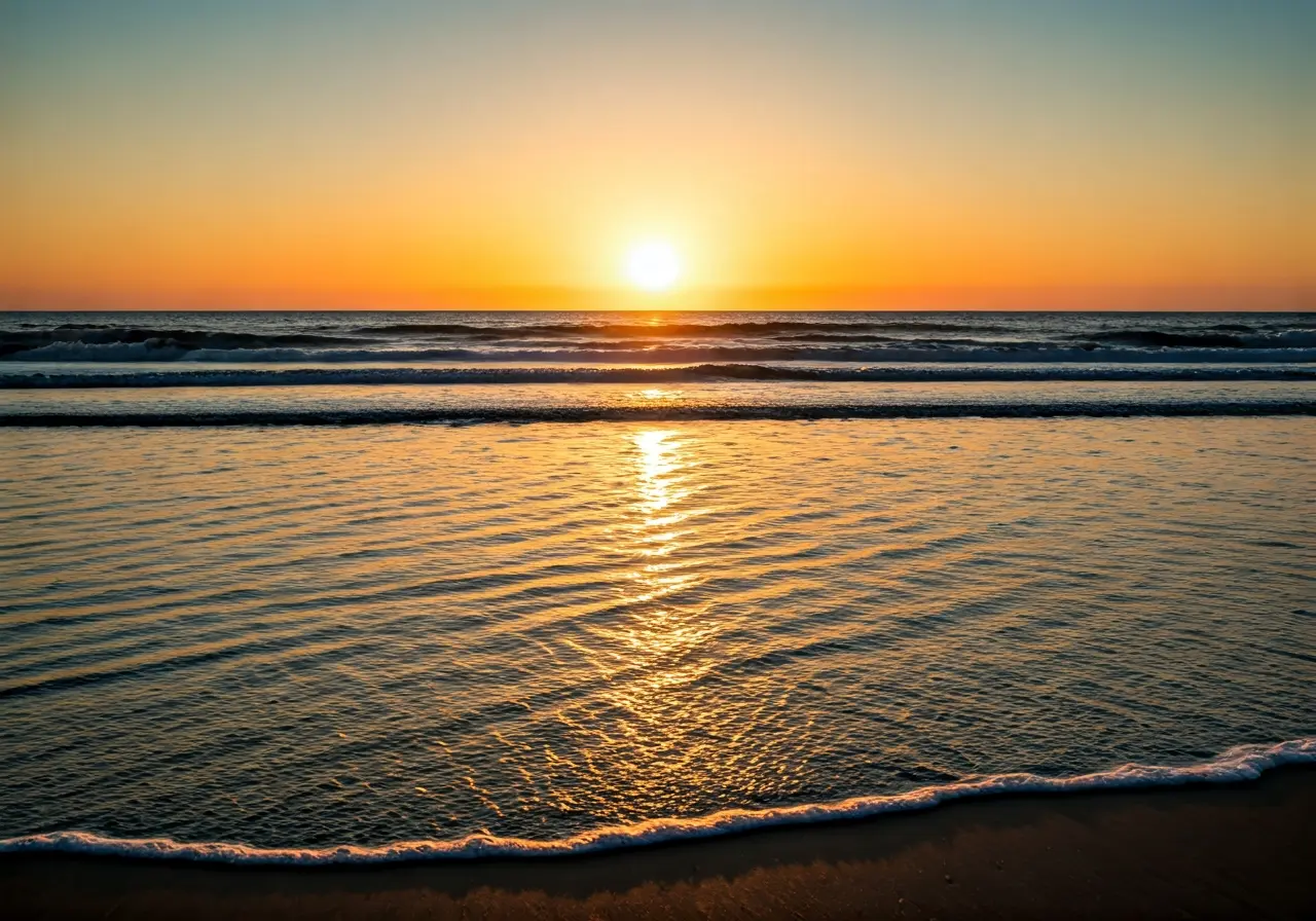 A serene beach at sunrise promoting mindfulness and tranquility. 35mm stock photo