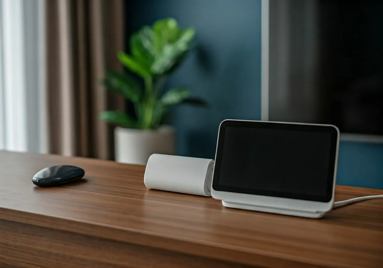A modern living room with smart home devices and gadgets. 35mm stock photo