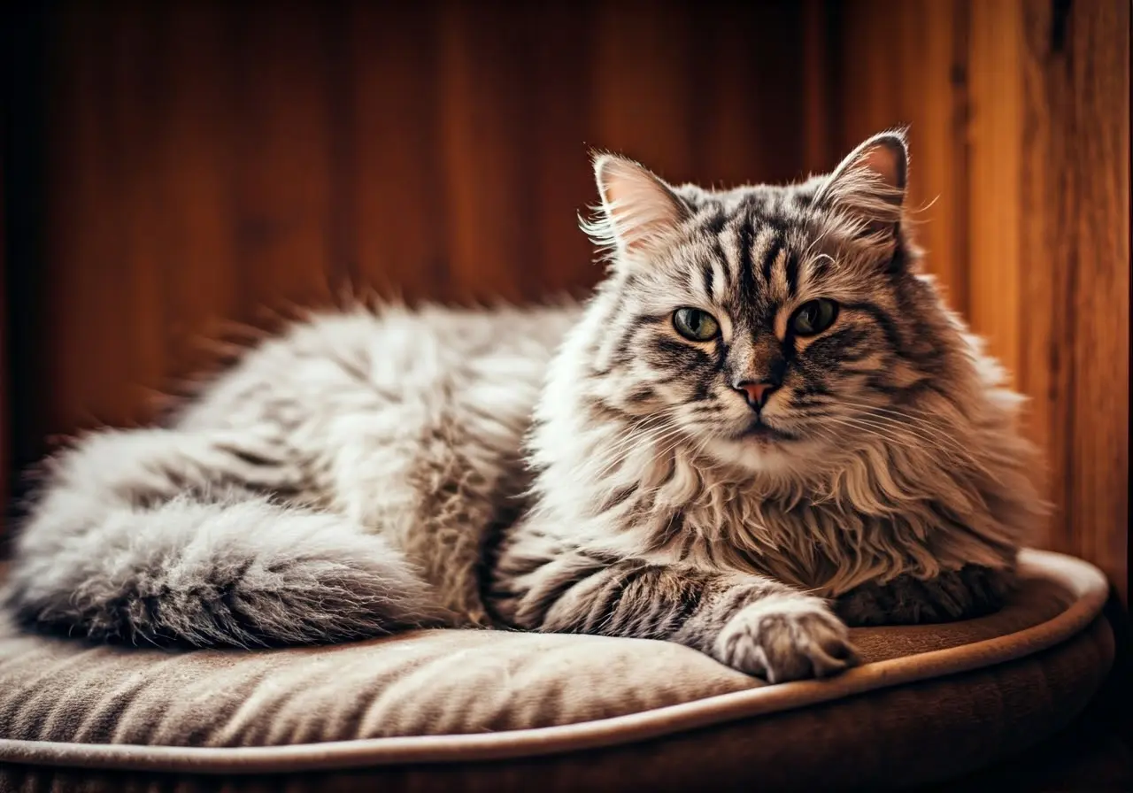 A fluffy senior cat lounging comfortably on a cozy cushion. 35mm stock photo