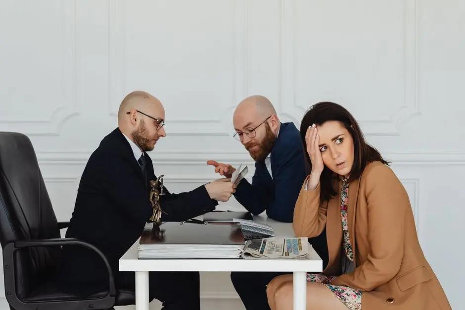 Two lawyers discuss documents with a worried client in a professional office setting.