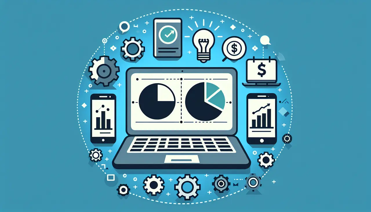 Draw a graphic in flat design style. A sleek laptop screen displaying a pie chart and dollar signs, surrounded by minimalist icons of a lightbulb, smartphone, and gears, all representing app development elements.