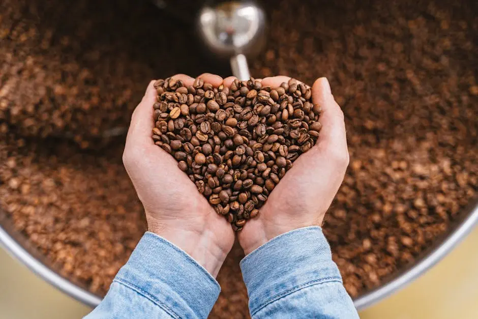 Close-up of hands holding heart-shaped roasted coffee beans, symbolizing love for coffee.