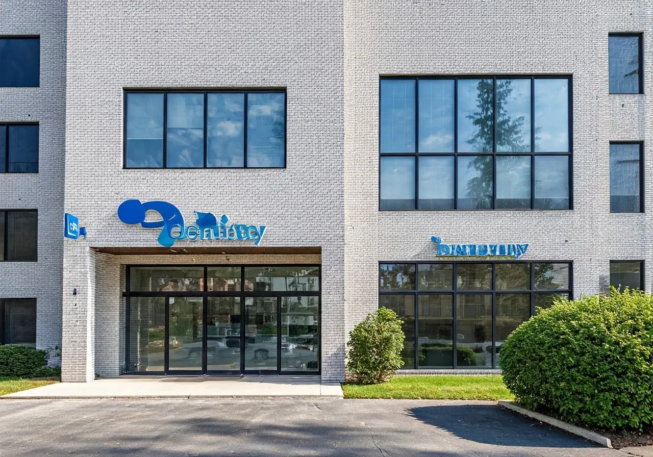 A modern dental clinic exterior with clear Dentistry signage. 35mm stock photo