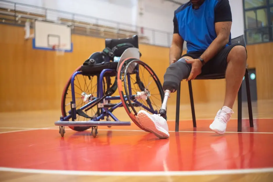 Adaptive sports athlete adjusting prosthetic leg on a basketball court, epitomizing resilience and inclusivity.