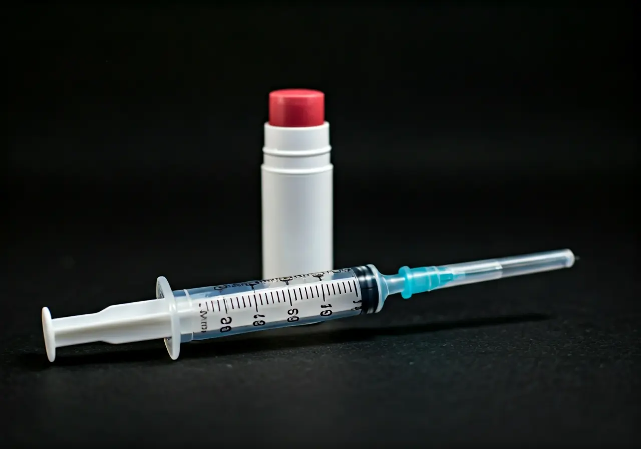 A close-up of a syringe next to a lip balm. 35mm stock photo