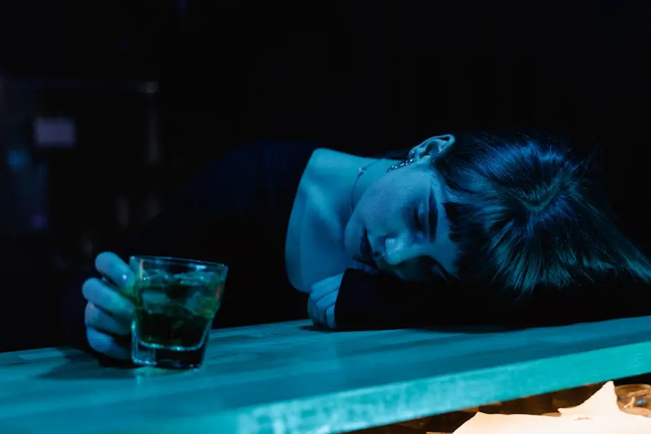 A woman resting her head on a bar table while holding a drink, in a moody, dimly-lit nightclub setting.