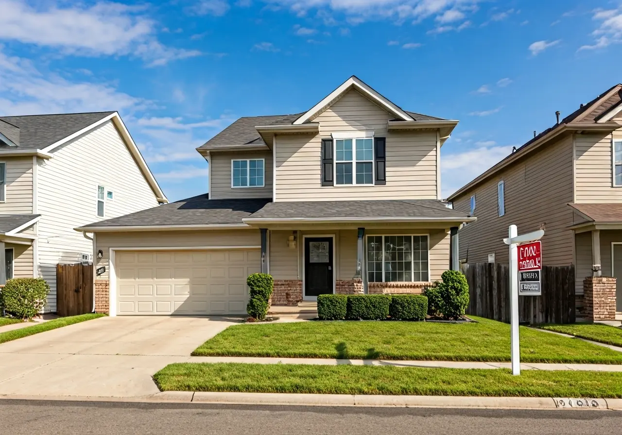 A charming suburban house with a For Sale sign. 35mm stock photo