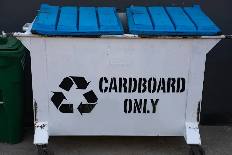 A white recycling container marked Cardboard Only, featuring a blue lid and recycling symbol.