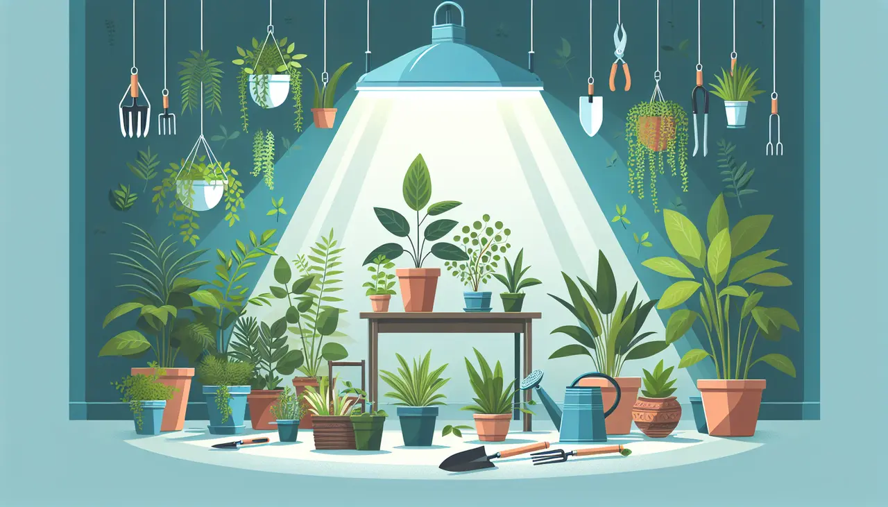 Draw a graphic in flat design style. A serene indoor garden with potted plants and a hanging grow light, surrounded by simple gardening tools.