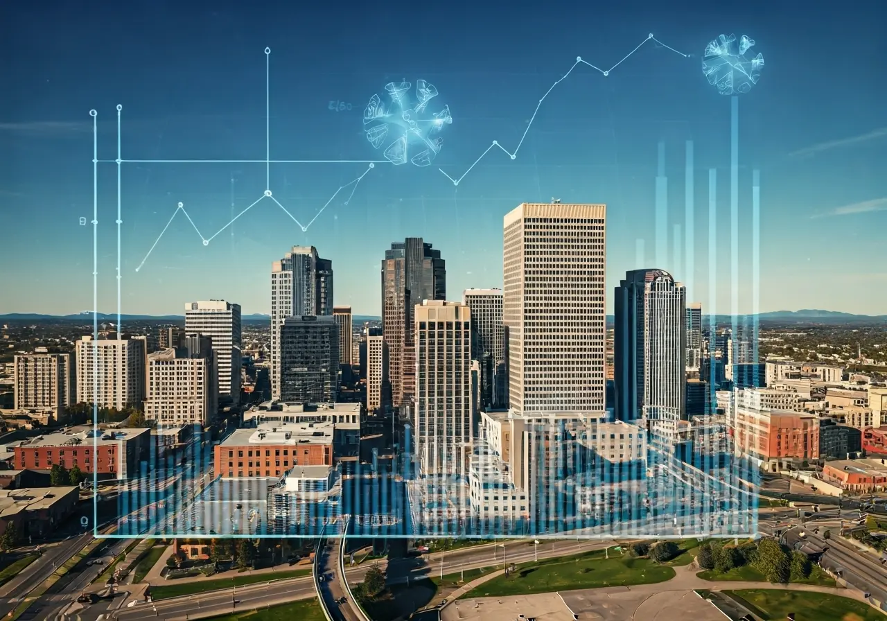 Aerial view of Spokane&rsquo;s skyline with business charts overlay. 35mm stock photo