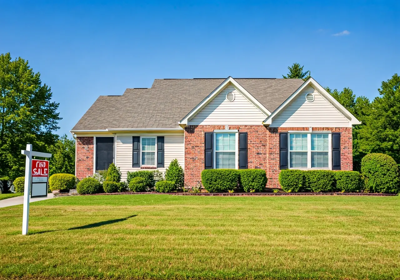 A welcoming suburban home with a For Sale sign. 35mm stock photo