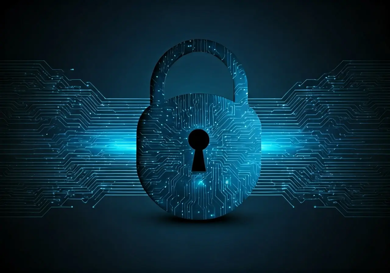 A digital lock with circuit patterns symbolizing AI security. 35mm stock photo