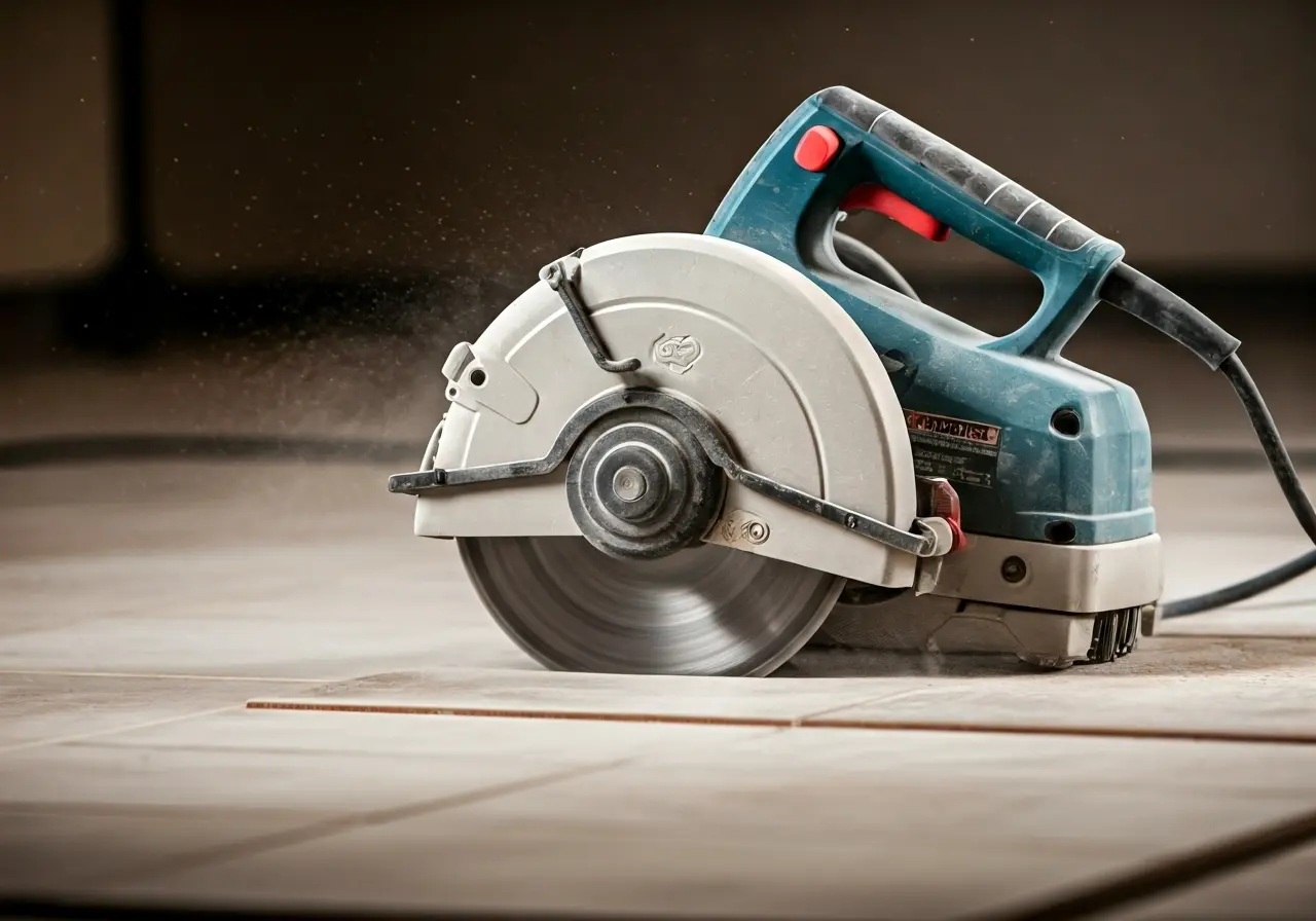 A sleek tile saw cutting through a tile with minimal dust. 35mm stock photo