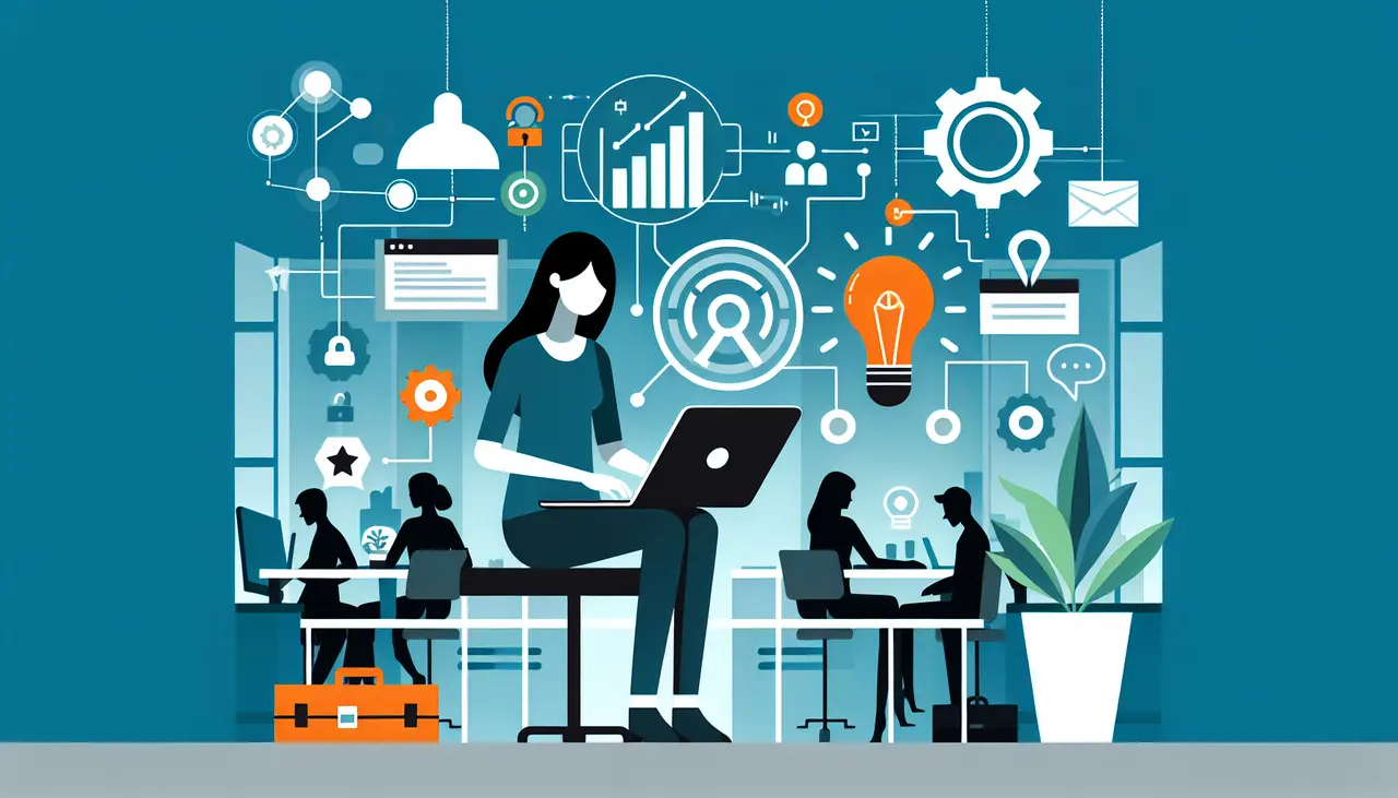 Draw a graphic in flat design style. A flat design image of a startup office with a single developer working on a laptop, surrounded by minimalist icons of growth charts and lightbulbs.