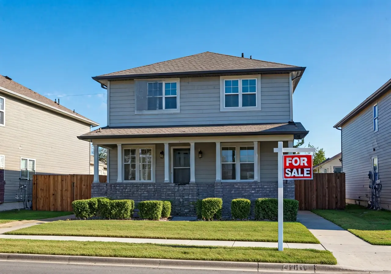 A charming suburban house with a For Sale sign. 35mm stock photo