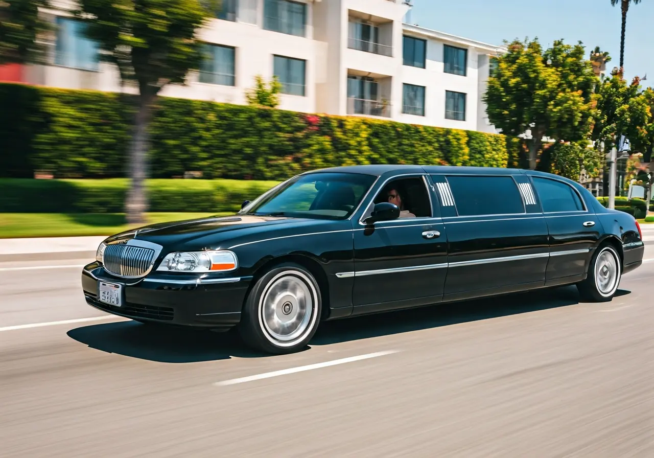 A sleek black limousine cruising through sunny Los Angeles streets. 35mm stock photo