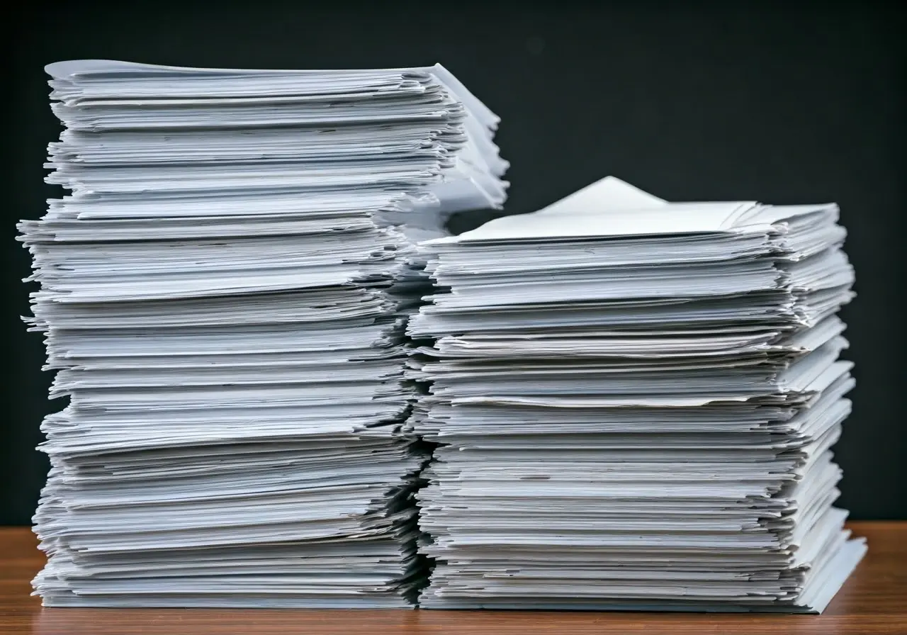 A tidy desk with organized piles of colorful receipts. 35mm stock photo