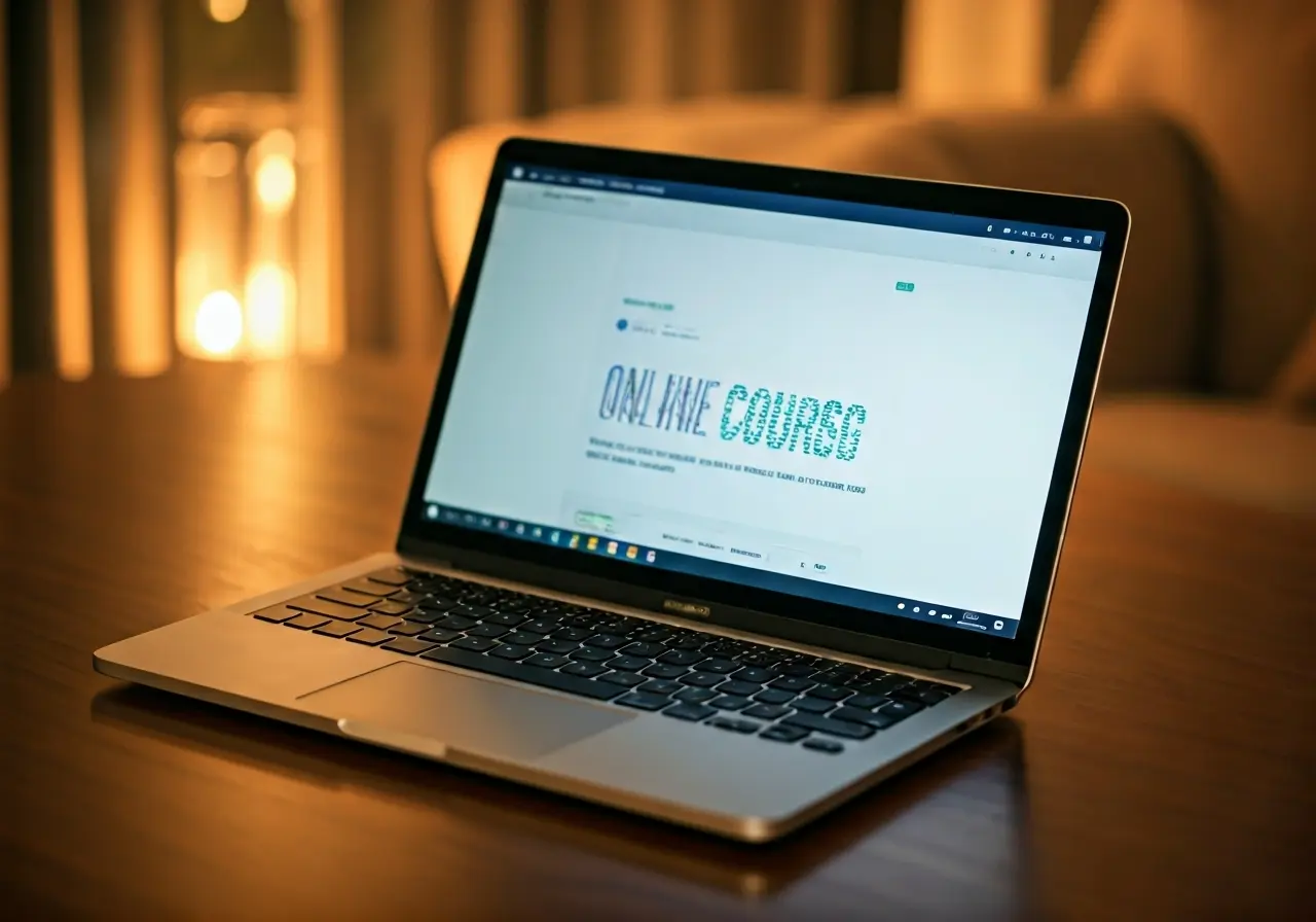 A laptop displaying an online course in a cozy room. 35mm stock photo