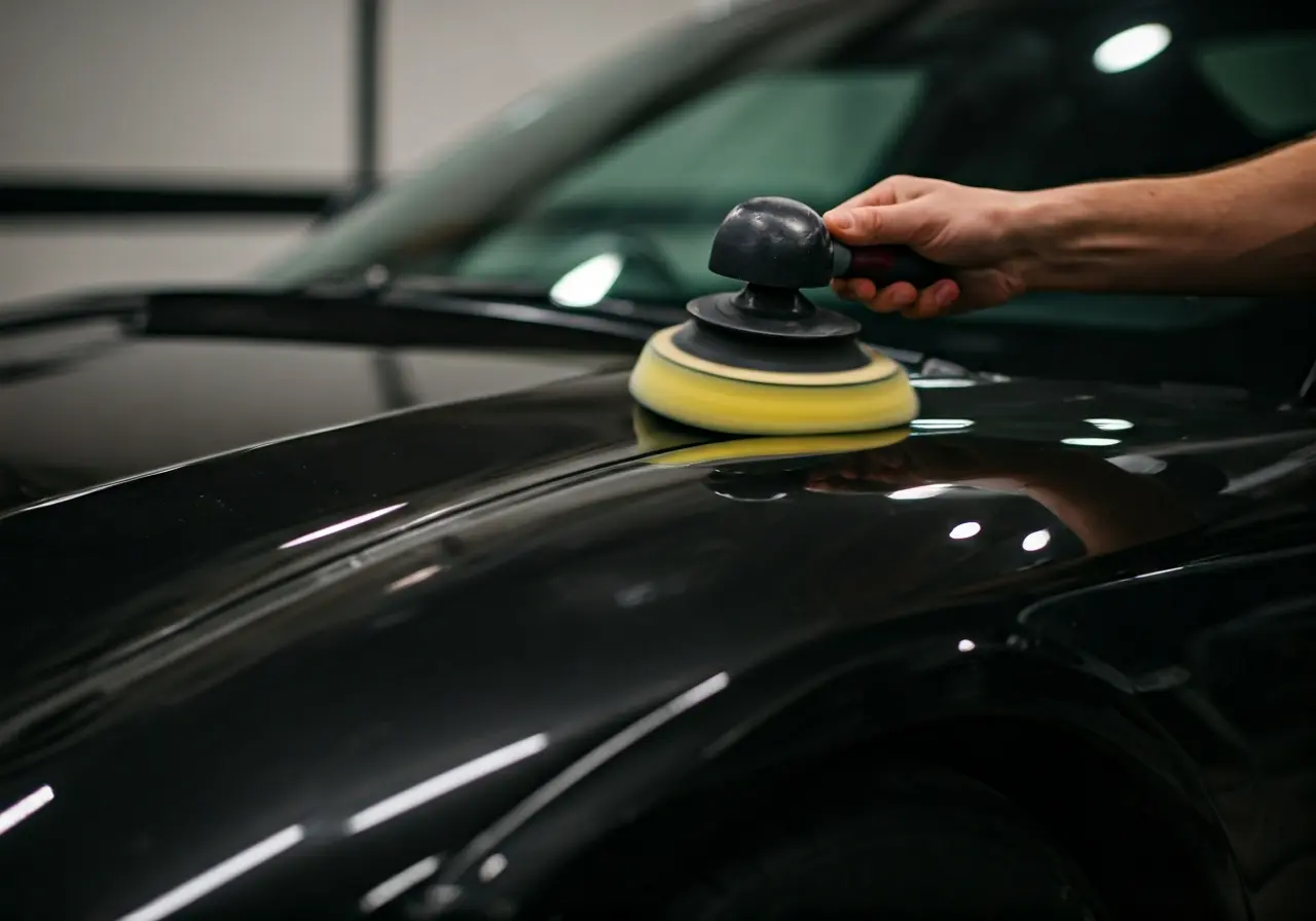 A shiny car exterior being polished with detailing tools. 35mm stock photo