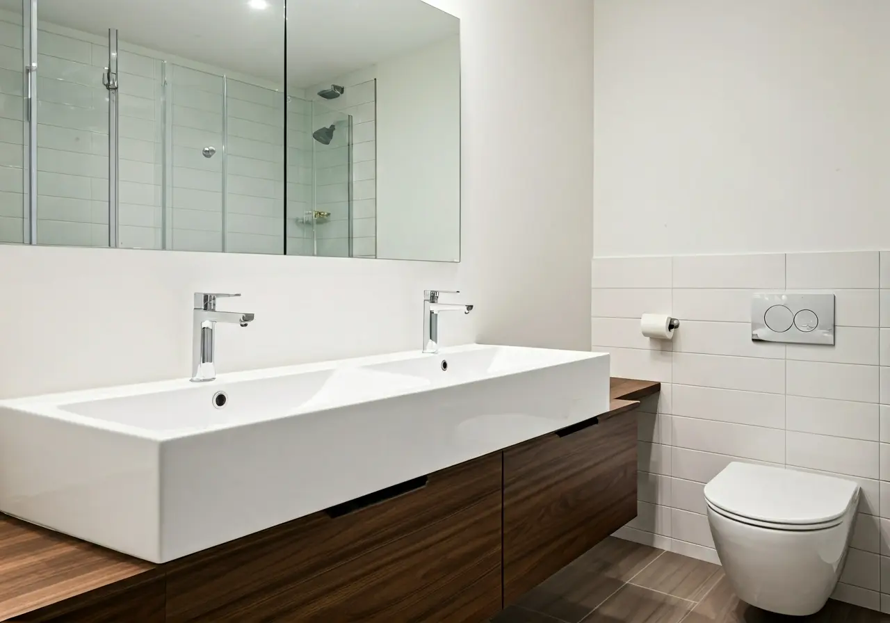 A modern bathroom with budget-friendly design elements and fixtures. 35mm stock photo