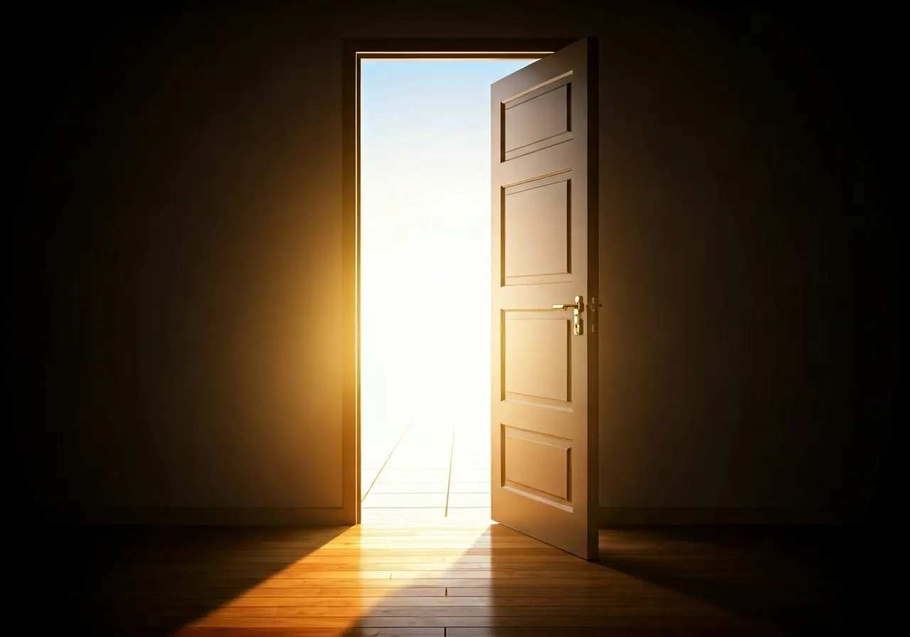 An open door with sunlight shining through, symbolizing opportunity. 35mm stock photo