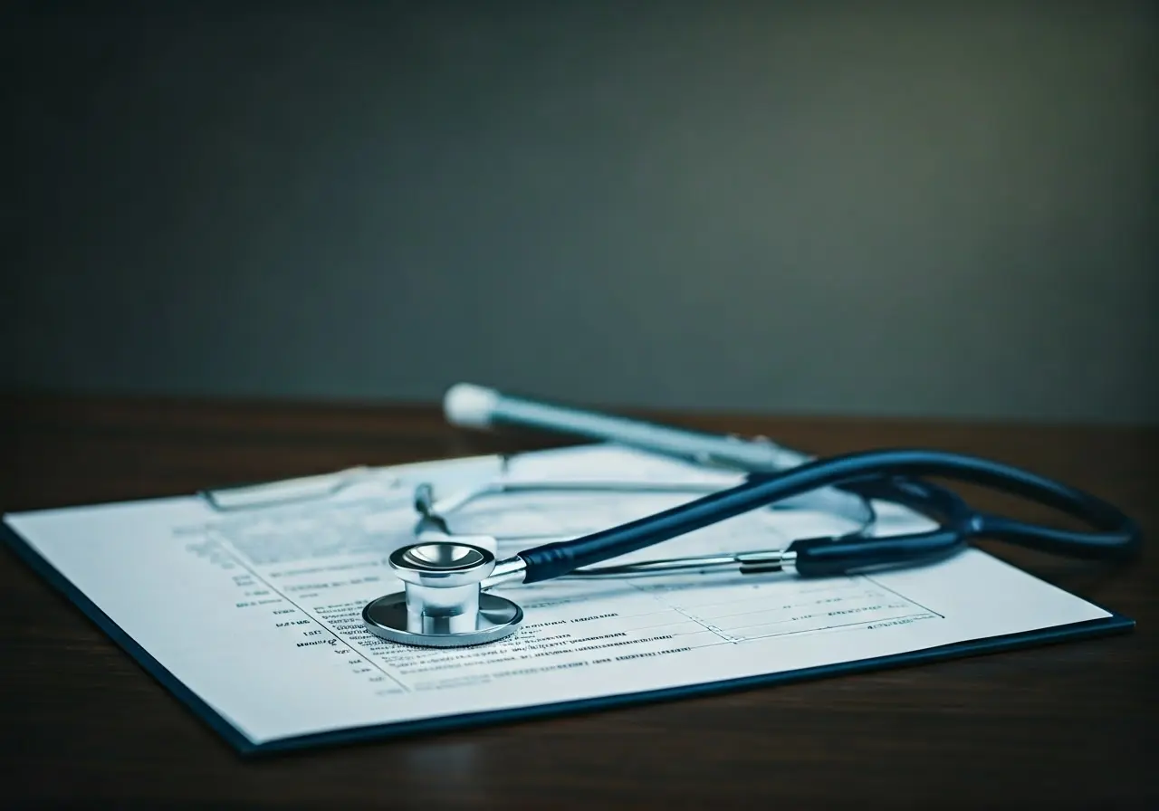 A stethoscope and medical chart on a clean desk. 35mm stock photo