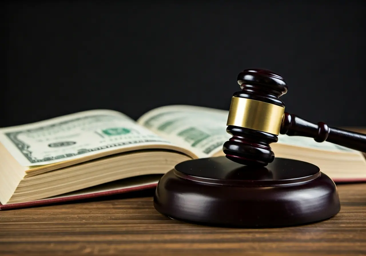 A gavel resting on an open book with dollar bills. 35mm stock photo