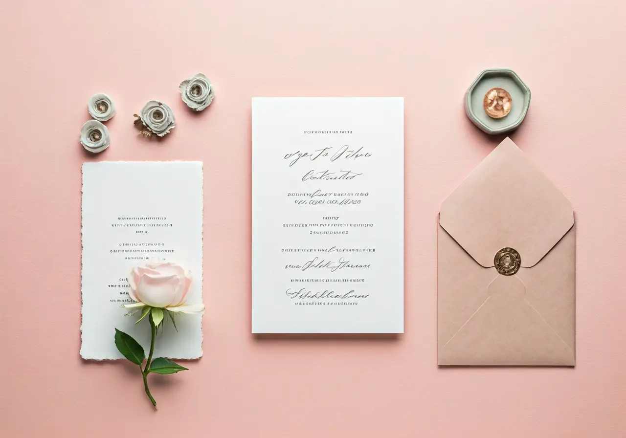 A beautifully arranged flat lay of bridal shower invitation elements. 35mm stock photo
