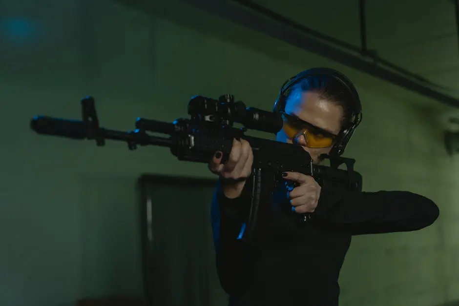 A woman in protective gear aiming a sniper rifle at an indoor shooting range.