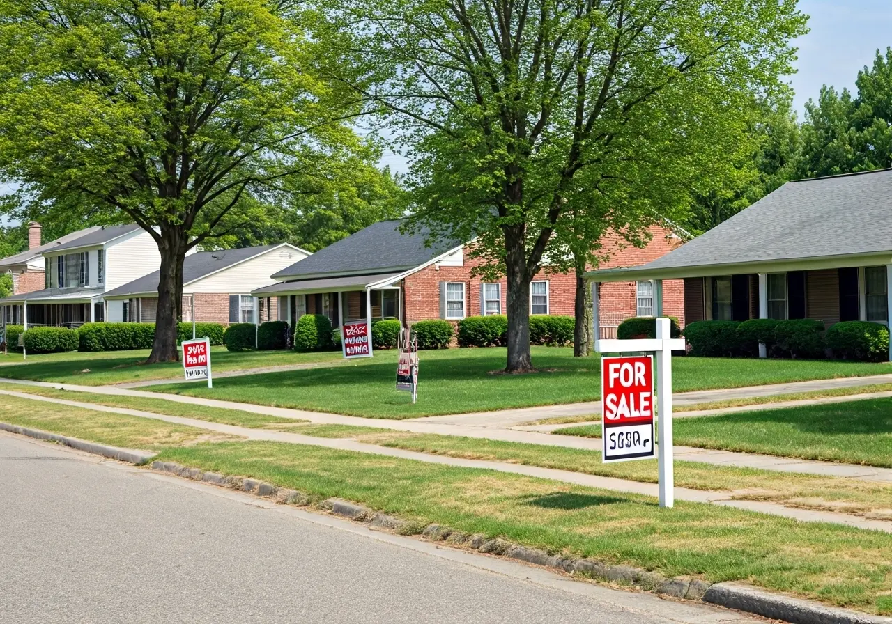 A Maryland neighborhood with For Sale signs on lawns. 35mm stock photo