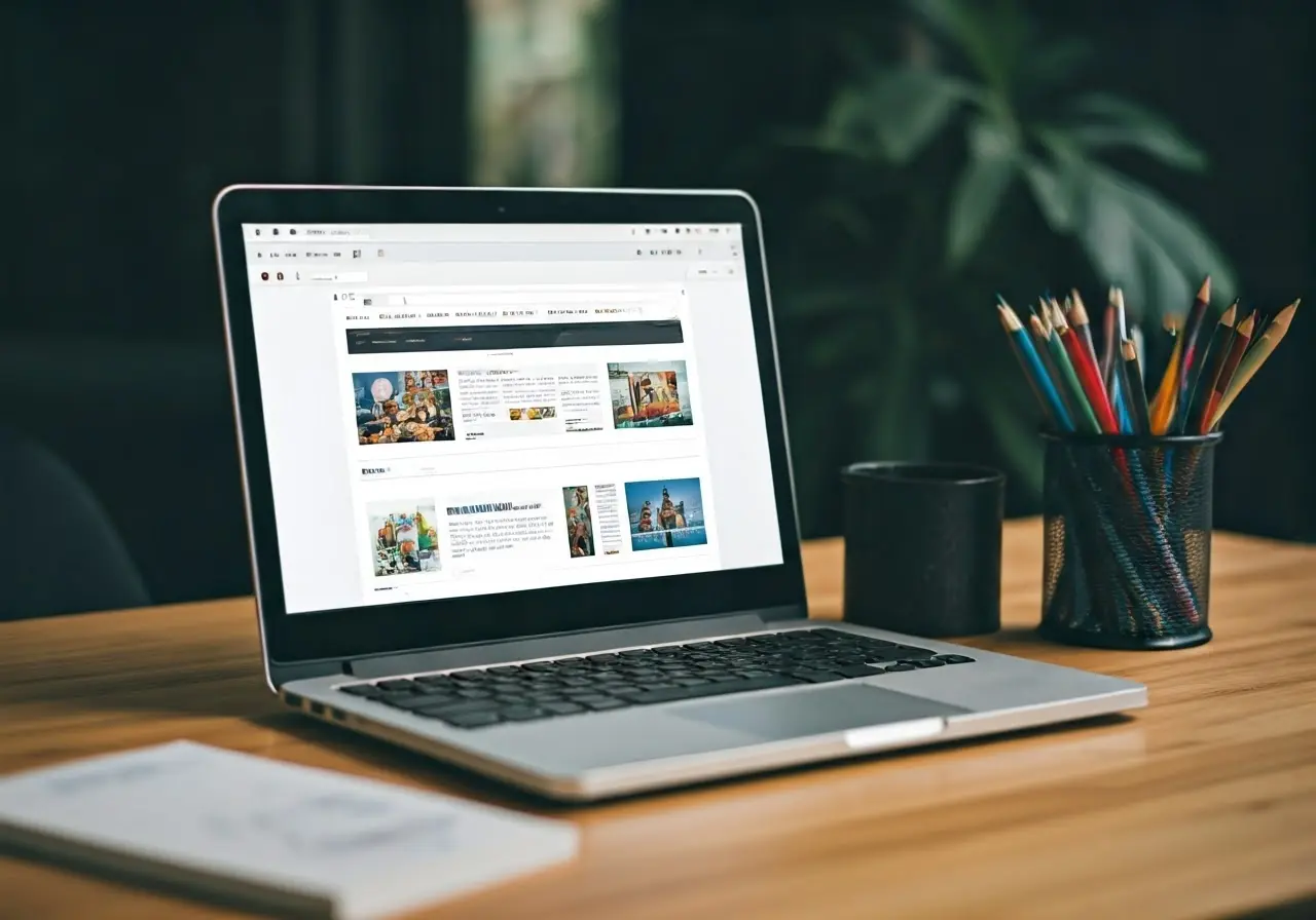 A laptop displaying colorful website designs in a modern office. 35mm stock photo