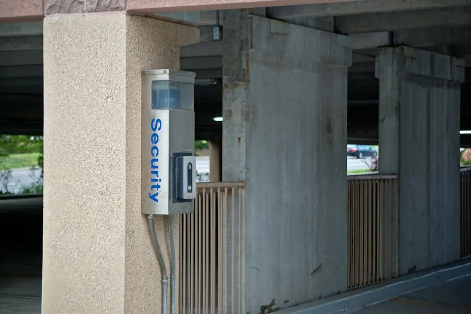 A security device mounted in a parking garage enhances safety and connectivity.