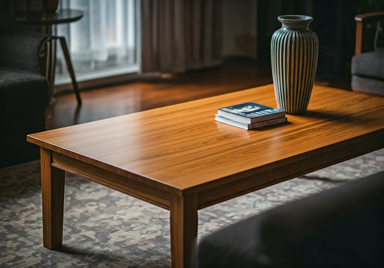 A polished wooden coffee table with a vase and books. 35mm stock photo