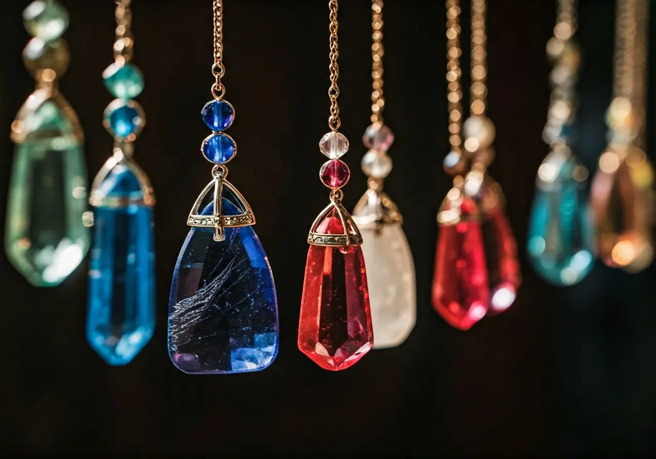 A close-up of colorful crystal pendants in sunlight. 35mm stock photo