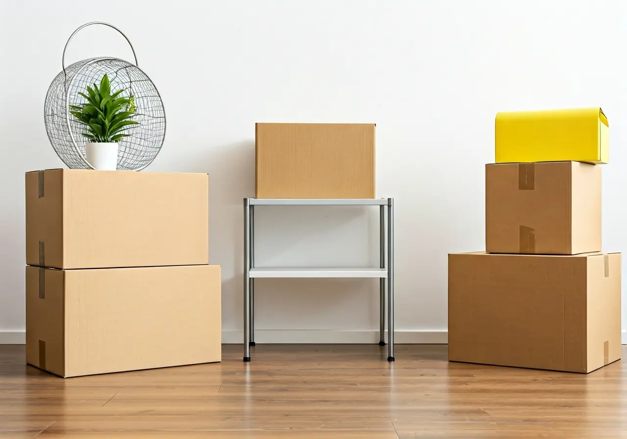 A neatly organized space with minimalistic moving boxes and essentials. 35mm stock photo