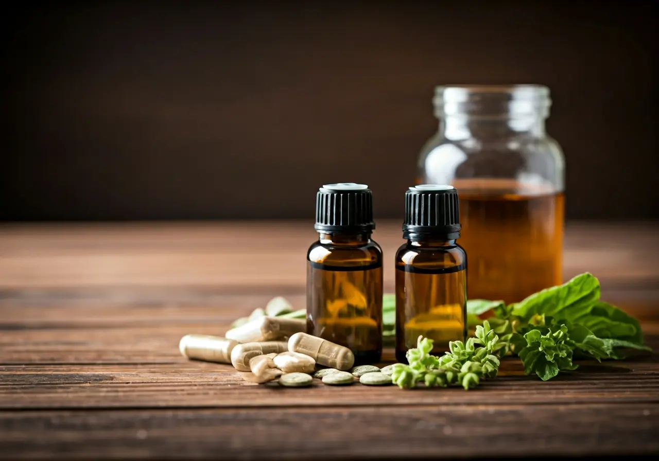 A close-up of herbal supplements and essential oils on a table. 35mm stock photo
