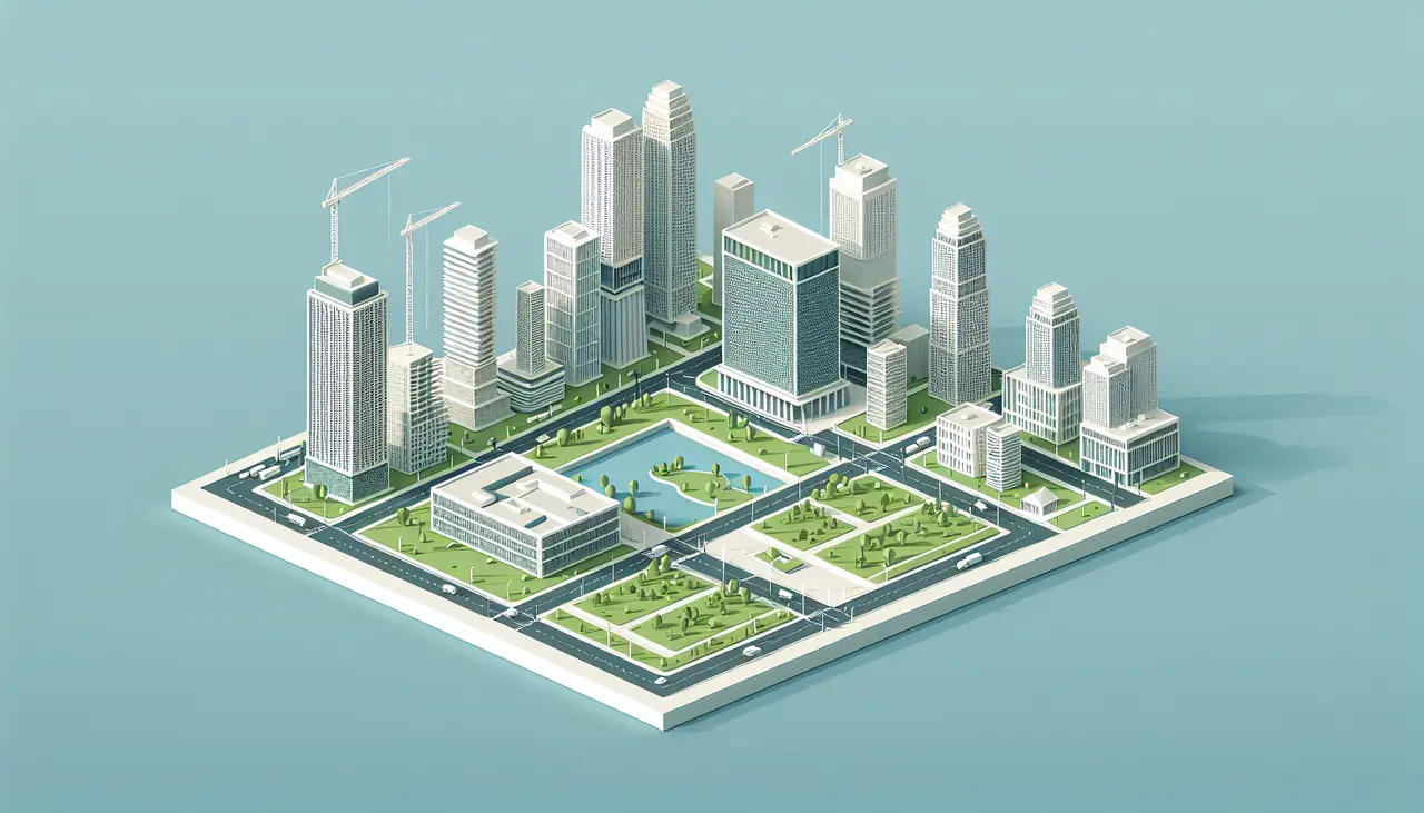 Draw a graphic in flat design style. A sleek, flat design of a 3D cityscape model with buildings in various stages of development, showcasing layers of architectural details and greenery, all under a clear blue sky.