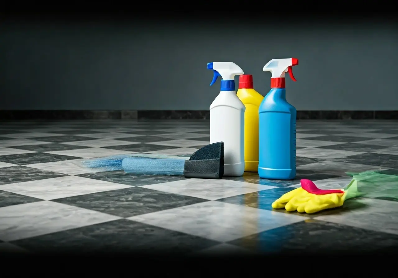 A pristine checkered floor with cleaning supplies nearby. 35mm stock photo