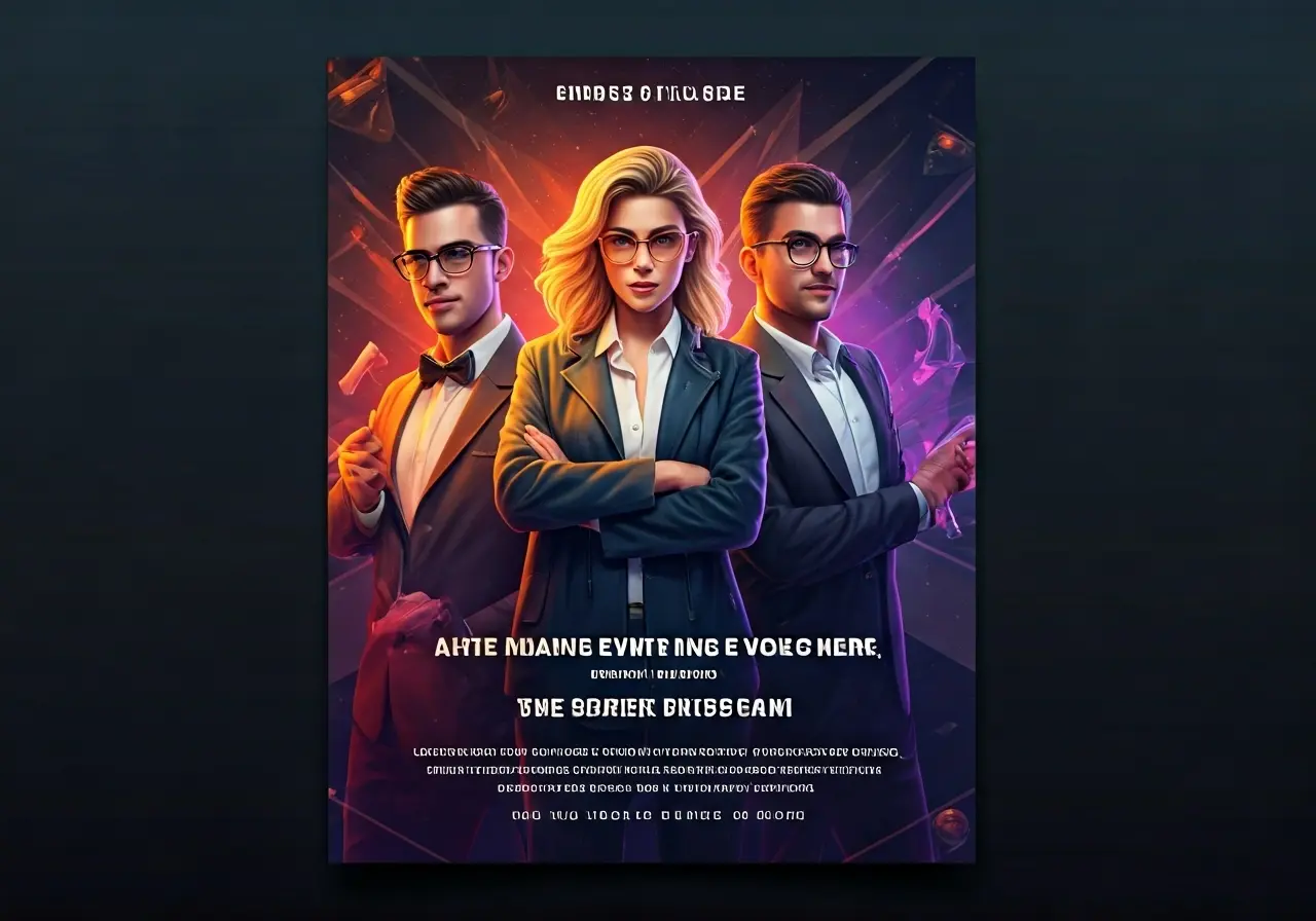 A vibrant event flyer with dynamic promotional staff illustrations. 35mm stock photo