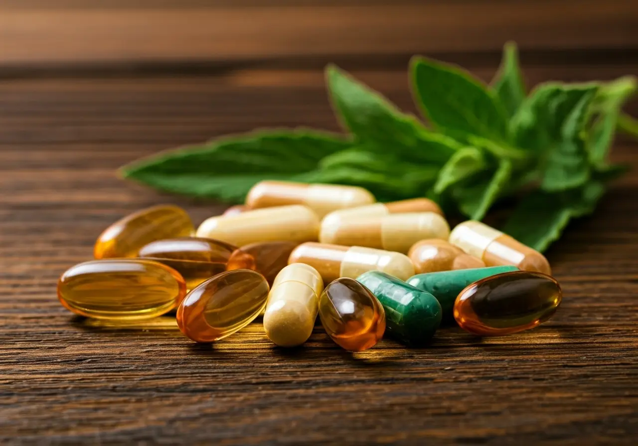 Colorful capsules and herbs on a wooden table background. 35mm stock photo