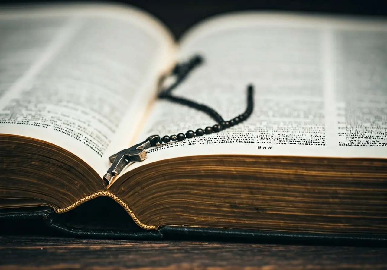 A cross necklace resting on an open Bible page. 35mm stock photo