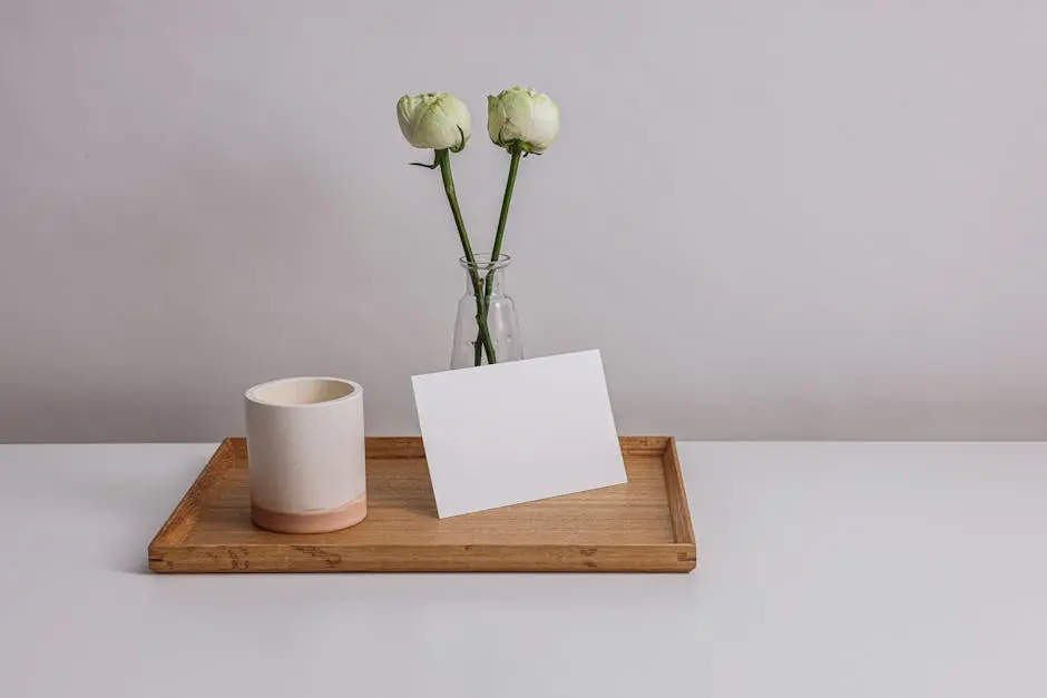 Simple mockup featuring flowers in a vase, a cup, and a blank card on wooden tray.