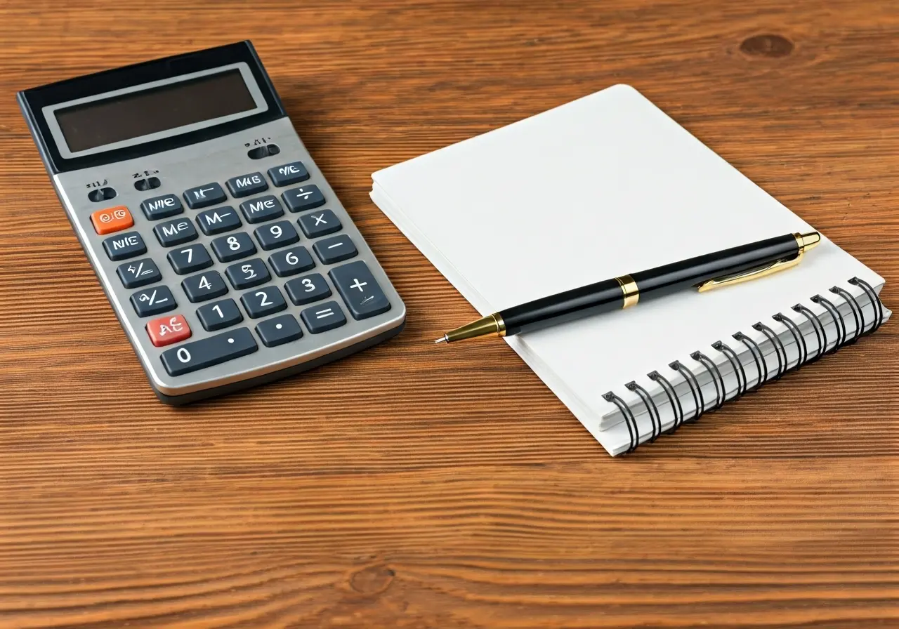A calculator, notebook, and pen on a wooden table. 35mm stock photo