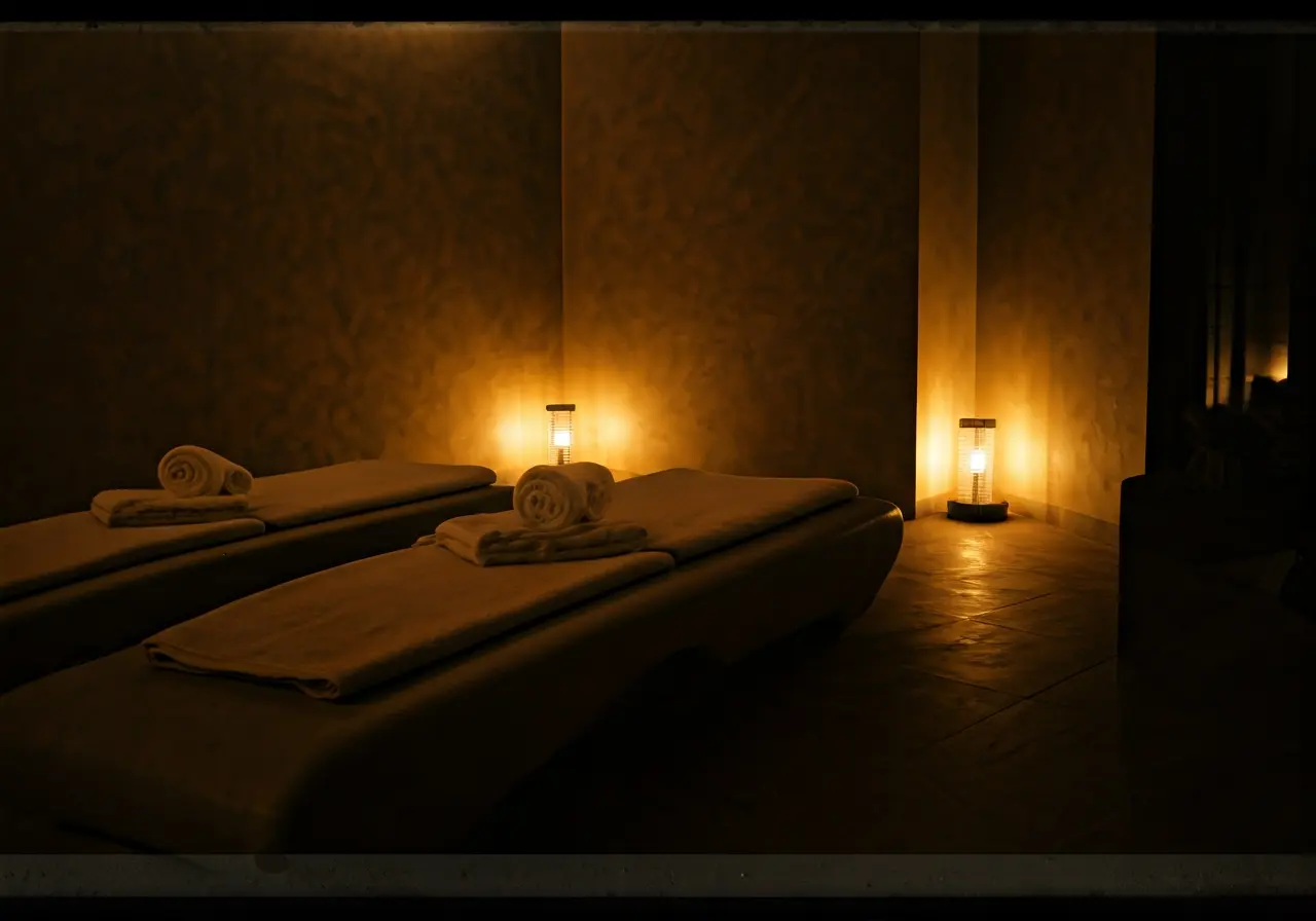 A serene spa room with dim lighting and soft towels. 35mm stock photo