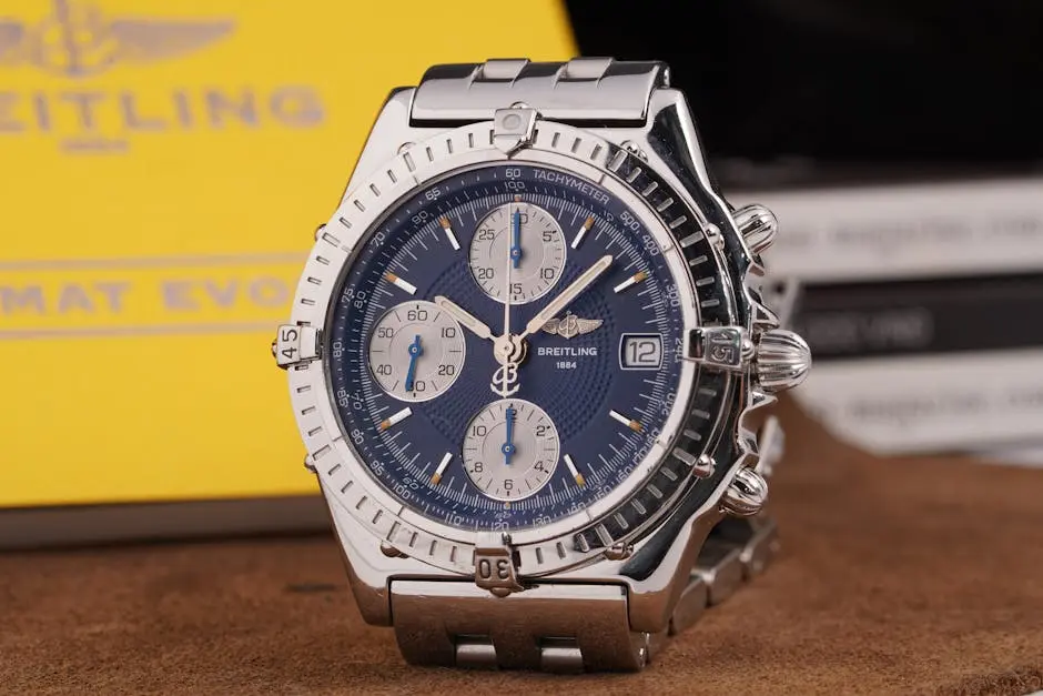 Close-up of an elegant Breitling chronograph wristwatch, showcasing luxury design.