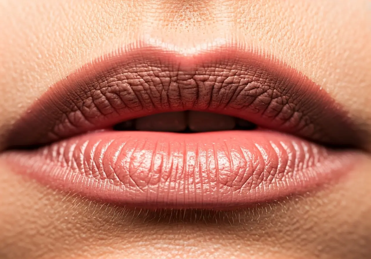 A close-up of lips with a syringe nearby. 35mm stock photo